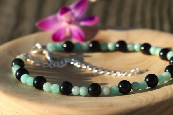 Bracelet de cheville en Amazonite et en Obsidienne